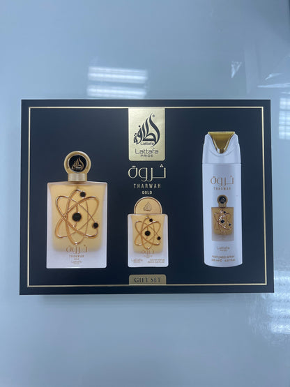 🎁 Set de Regalo Lattafa Tharwah Gold – Agua de Perfume 100 ml + Spray Perfumado 200 ml + Mini EDP 20 ml
