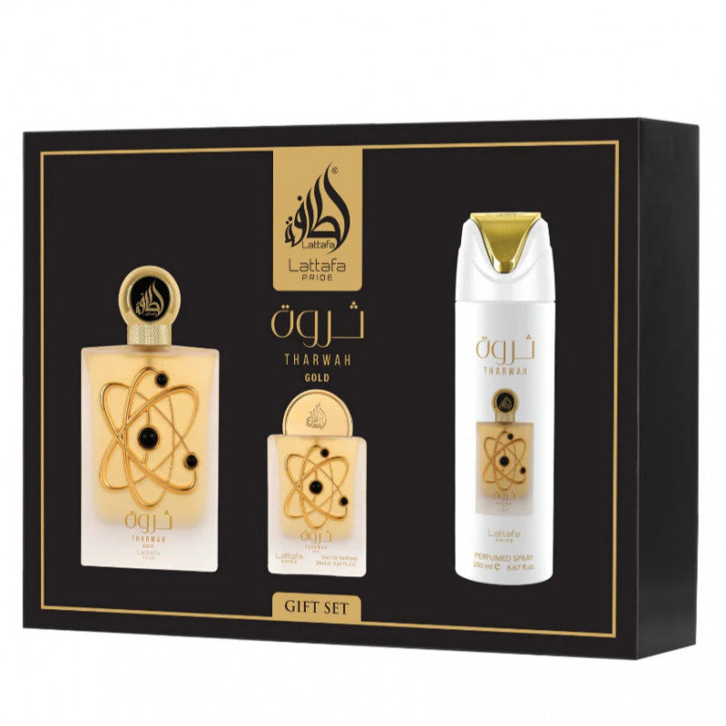 🎁 Set de Regalo Lattafa Tharwah Gold – Agua de Perfume 100 ml + Spray Perfumado 200 ml + Mini EDP 20 ml