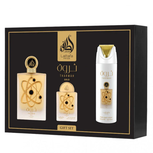 🎁 Set de Regalo Lattafa Tharwah Gold – Agua de Perfume 100 ml + Spray Perfumado 200 ml + Mini EDP 20 ml